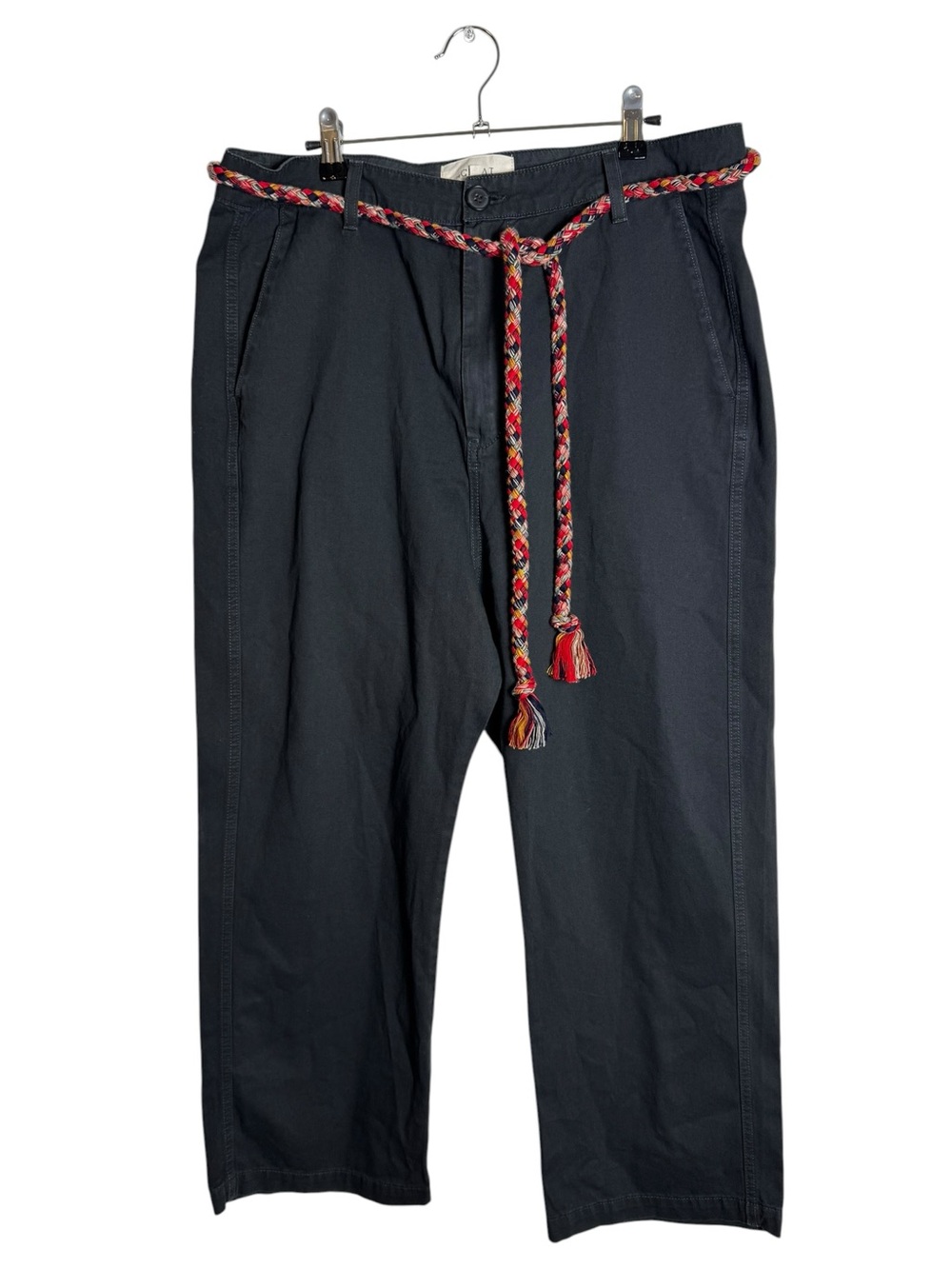 THE GREAT. Black Cotton Straight Leg Crop Field Pants Braided Belt 31